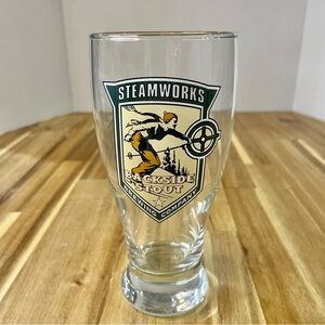 Steamworks Brewing Company Beer Glass 6 1/2” tall Skier Logo Retro Pilsner Glass